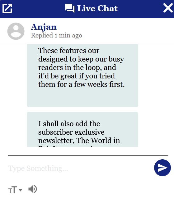 Chang_ElisaTY's tweet photo. And then they continued to promote the app's design, features, exclusive newsletter... I was already googling "The Economist unsubscribe reddit" &amp; "turing test questions for chat bot." And then finally around 9:10pm (20mins after started) they confirmed it's cancelled. https://t.co/CAygJ973p0