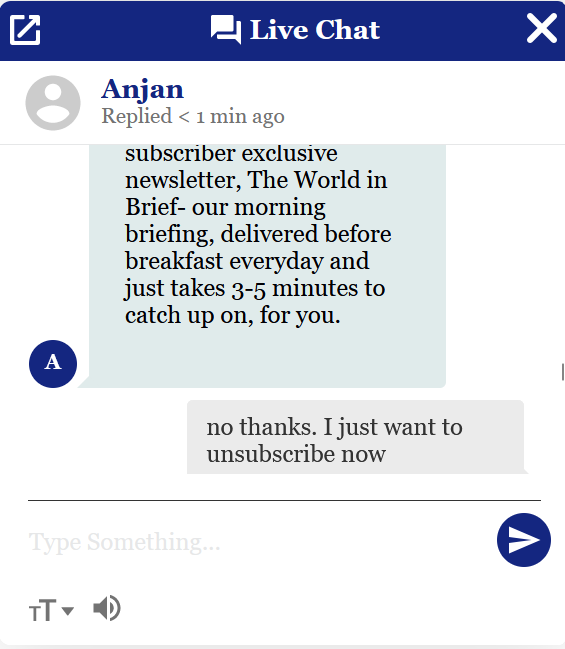Chang_ElisaTY's tweet photo. And then they continued to promote the app's design, features, exclusive newsletter... I was already googling "The Economist unsubscribe reddit" &amp; "turing test questions for chat bot." And then finally around 9:10pm (20mins after started) they confirmed it's cancelled. https://t.co/CAygJ973p0