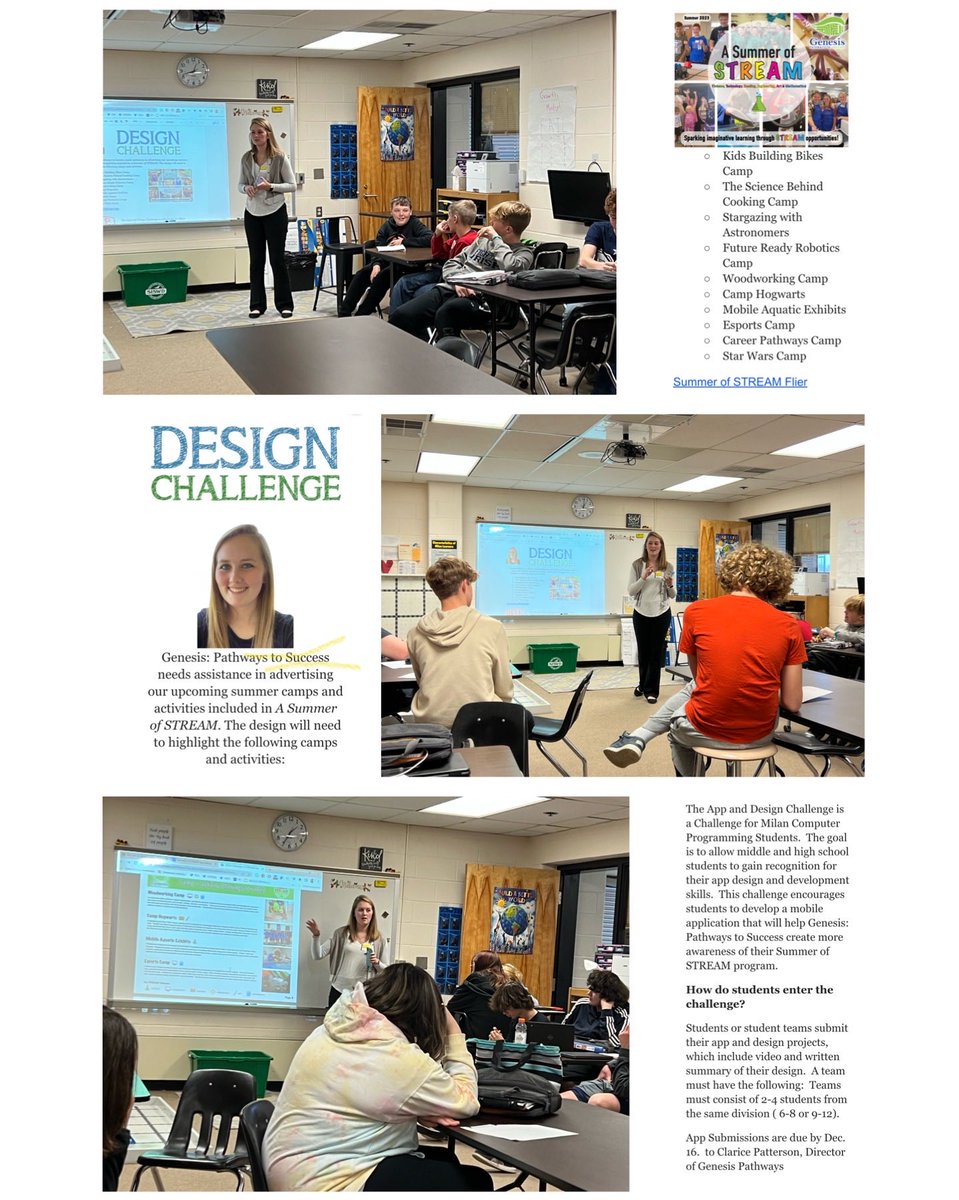 Milan 8th Computer Science students were inspired to accept the challenge today as guest speaker ⁦<a href="/GenesisP2S/">Genesis: Pathways to Success</a>⁩ Clarice Patterson challenged students to create an App to bring more awareness to Ripley’s Summer of STREAM. #weRmilan