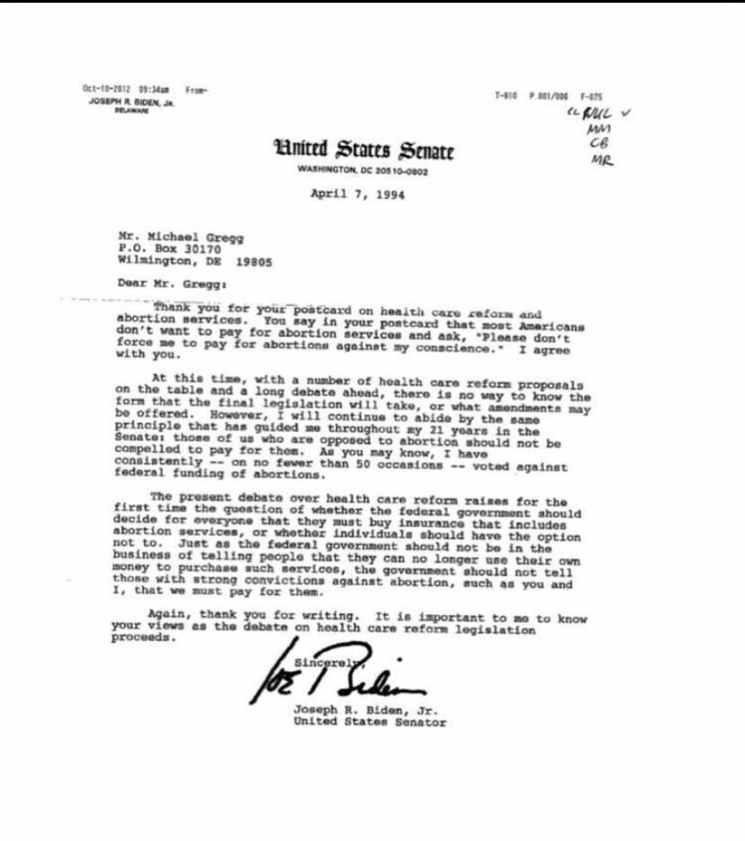 In 1994 Biden wrote this letter to constituents bragging that he had voted against abortion funding on 50 separate occasions. Inconvenient truth.