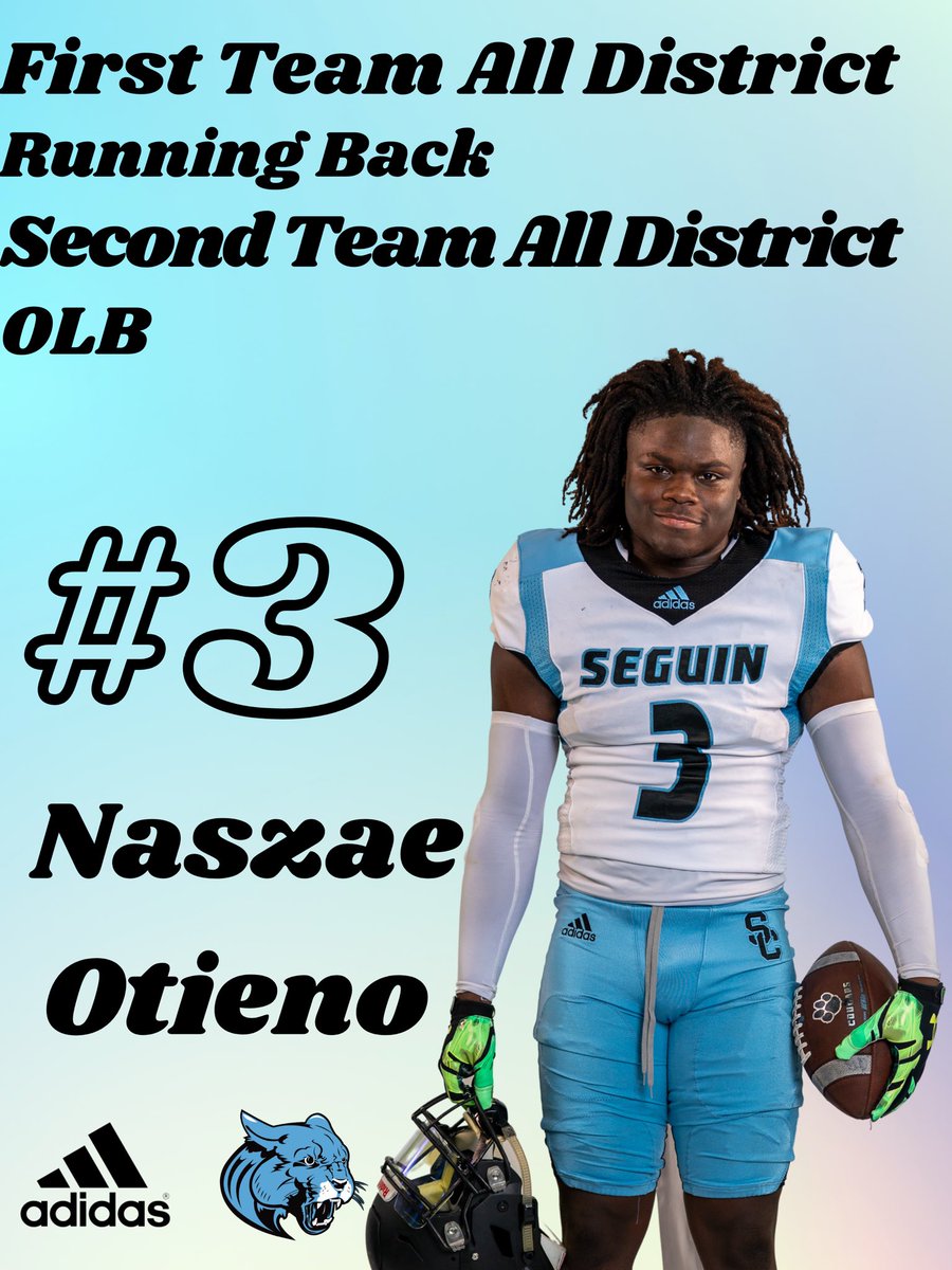 SeguinCougarFB's tweet photo. Congratulations To First Team All District Running Back &amp; Second Team Outside Linebacker #3 Naszae Otieno 
#SeguinNation #Family https://t.co/jzPej0VkUu
