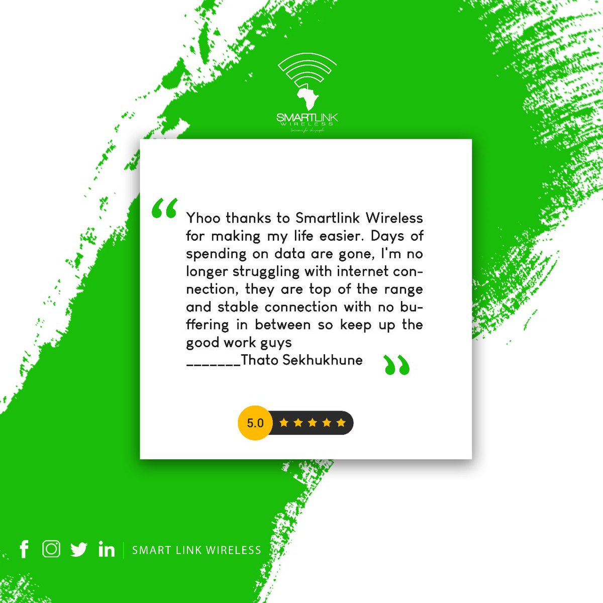 SmarLink_'s tweet photo. ⭐️⭐️⭐️ Customer Review ⭐️⭐️⭐️ 

#SmartLinkWireless #Fibre #Wireless #FTTH #VoIP #Sebokeng #Vaal #Kasi #Internet #Reliable #Faster #Uncapped #Unshapped #WiFi  #InternetForThePeople https://t.co/TZLv2ciTC6