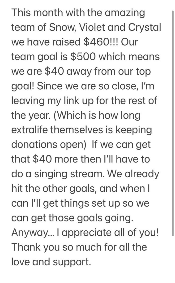 Hey guys! I’m going to be taking a short break from steaming. I may be back this weekend. December is busy so streams may be less than usual, but I’ll still be around! Also wanted to talk about #Extralife but not enough space to type it out, so here’s a photo! Love you guys! 💜
