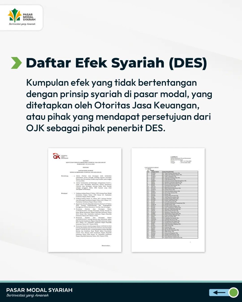 pm_syariah's tweet photo. (PART 1)

---

Daftar Efek Syariah Periode II - 2022 sudah terbit!

Setiap tahunnya, secara periodik Otoritas Jasa Keuangan melakukan penerbitan Daftar Efek Syariah pada akhir Mei dan November yang efektif pada tanggal 1 Juni dan 1 Desember. https://t.co/TezXfN2Ip6