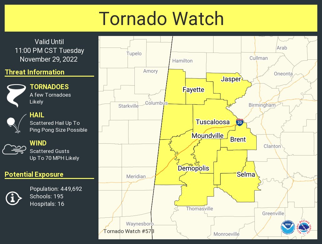 Tornado watch issued for parts of West Alabama until 11p CT