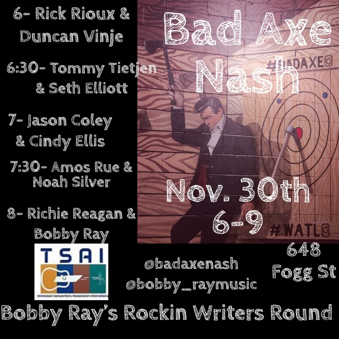 RickyRiouxMus's tweet photo. Heading back to @badaxethrowing tomorrow night to play some songs at Bobby Ray’s Rockin Writers Round. Come here me play at 6pm. Hope to see you there! 🎶
#rickyrioux #badaxenash #badaxenashville #nashville #badaxe #bobbyray #writersround #songwritersround https://t.co/2YjlrZiakF
