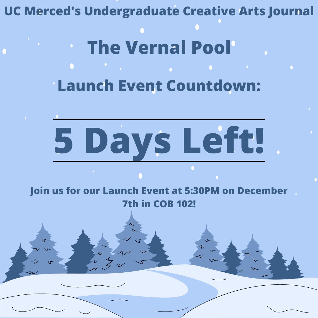 vernalpool_ucm's tweet photo. 🚨 ATTENTION 🚨 The Vernal Pool's Launch Event is 5 days away! Join us in COB 102 at 5:30PM on December 7th. We hope to see you there! https://t.co/zI3tYJ57mZ