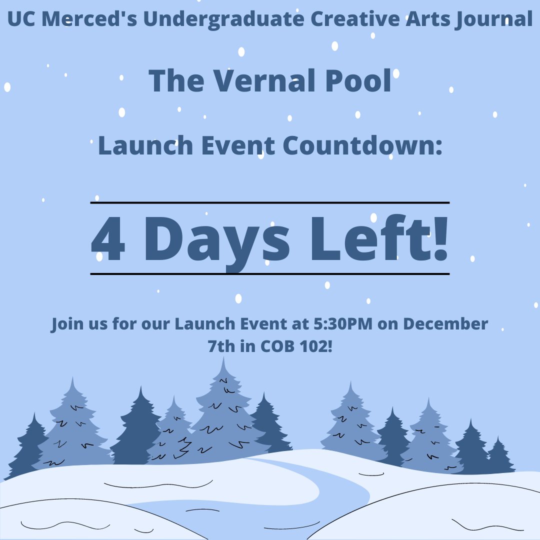 vernalpool_ucm's tweet photo. 🚨 ATTENTION 🚨 The Vernal Pool's Launch Event is 4 days away! Join us in COB 102 at 5:30PM on December 7th. We hope to see you there! https://t.co/D05QPkemZI