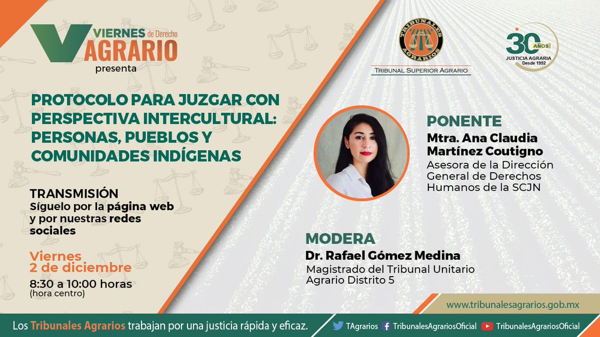 🗓️ #VDA: 2/12
⏰ 8:30 h

🗣️Conversaremos con Mtra. Ana C. Martínez, Asesora Dir. Gral., Derechos Humanos, <a href="/SCJN/">Suprema Corte</a>:

Protocolo para Juzgar con Perspectiva Intercultural: Personas, Pueblos y Comunidades Indígenas 📝

Registro: 👇🏽
bit.ly/VDA-02122

🔴📹:
youtube.com/watch?v=WF13mG…