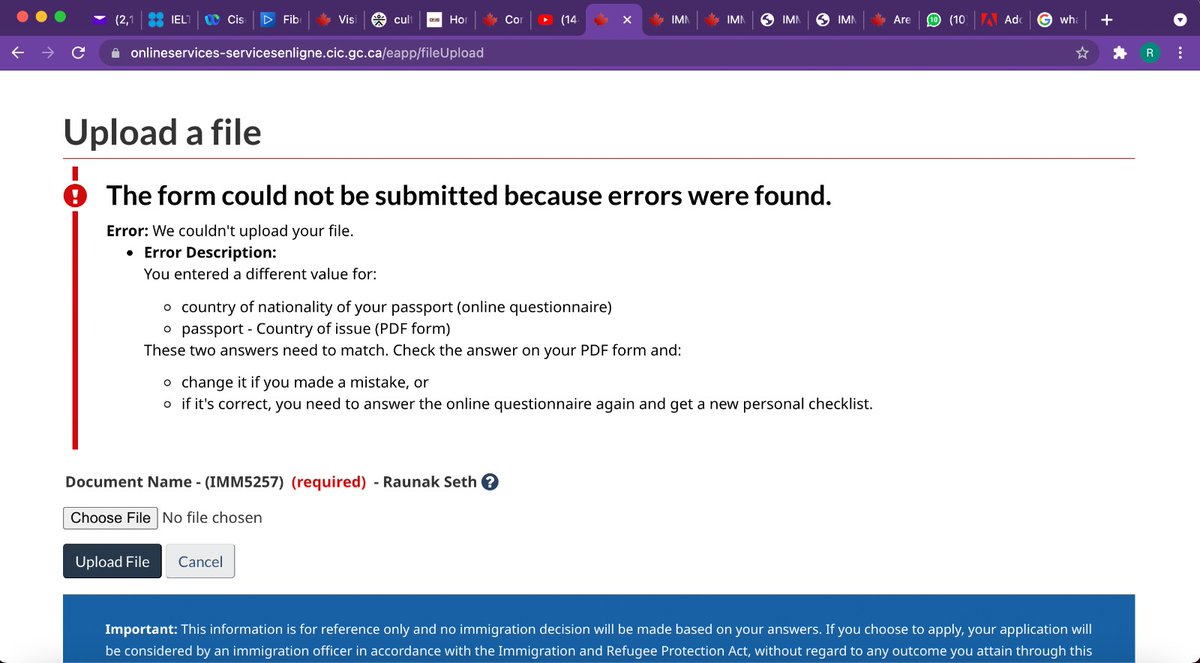 KayleyMacGregor's tweet photo. @CitImmCanada This form keeps coming up to this error. The country of nationality is India, but the place of issue listed on the passport is Toronto, Canada. What are we supposed to do? https://t.co/O2AHYCd3dp