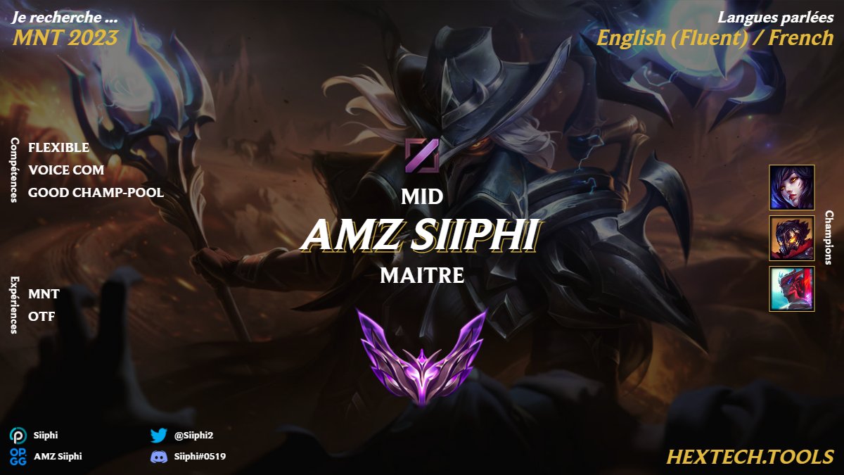 Siiphi2's tweet photo. Holà a todos 👋

Je suis LFT pour la prochaine saison de MNT 2023.

- Motivé a mort
- Expériences MNT 2022/ OTF 2021

Contacté moi sur Discord ou Twitter

RTs et Likes appréciés ! https://t.co/1d9HMPghdt