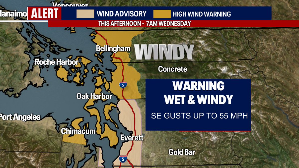 ErinMayovsky's tweet photo. A "High Wind Warning" is in effect this afternoon (4pm) through 7am Wednesday for #AdmiraltyInlet #Islands and #NorthSound We expect sustained winds out of the SE 30-40mph, gusts 55mph #FOX13 https://t.co/j4aQZEOVOp