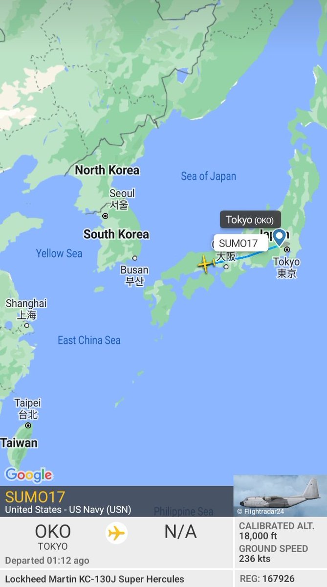 Oceanworldfree's tweet photo. 🇺🇲USMC SUMO17 167926 #AE1BAB 

Heading for #KoreaStrait

Lockheed KC-130J Super Hercules https://t.co/83ibFZCSmI