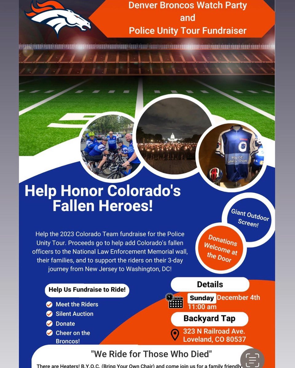 Join us for Sunday Football
Broncos showdown vs the Ravens! 

So, bring a comfy chair and cozy up with an adult beverage!
📍 Backyard Tap @ 11am 

Featuring our co-hosts from the Police Unity Tour! Meet some incredible riders who are riding for Fallen Officers #lovelandcolorado