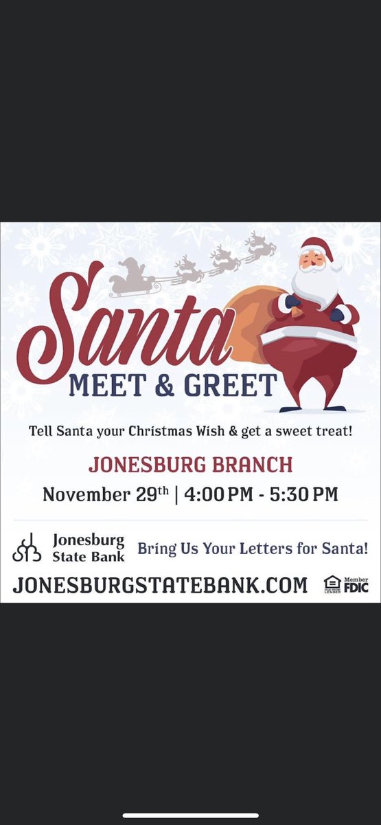 Hey friends, if you’re in the area this week and want to see #Santa we’ve got him visiting each of our locations!!! <a href="/JonesburgStBank/">Jonesburg State Bank</a> #HometownChristmas AND, don’t miss the lighted Christmas parade Friday night!!