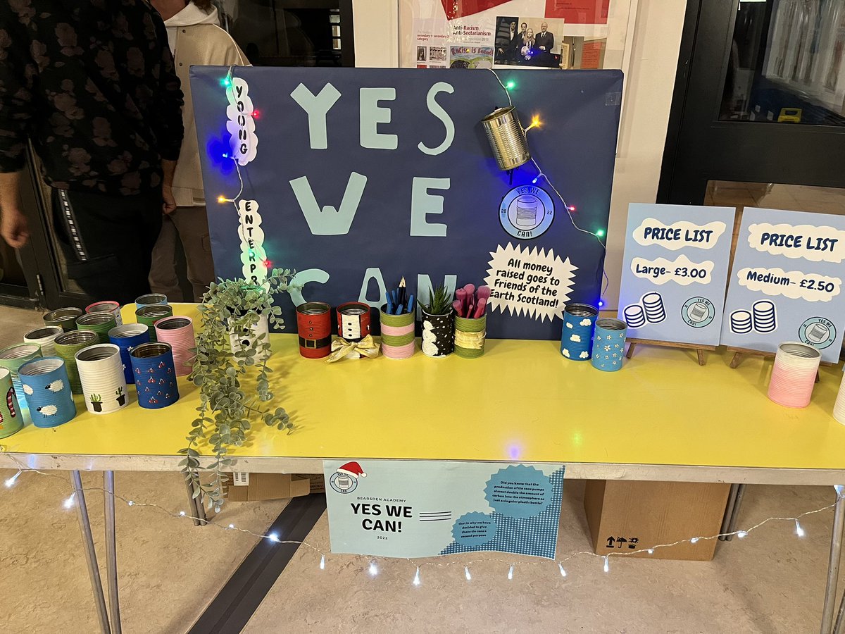 Our S6 Young Enterprise team enjoyed <a href="/BearsdenAcademy/">Bearsden Academy</a> Christmas Fair tonight.  The team will be selling their upcycled, hand painted cans at <a href="/ClydeShopping/">Clyde-ShoppingCentre</a> on Saturday #sustainable #storage #entreprise YES WE CAN