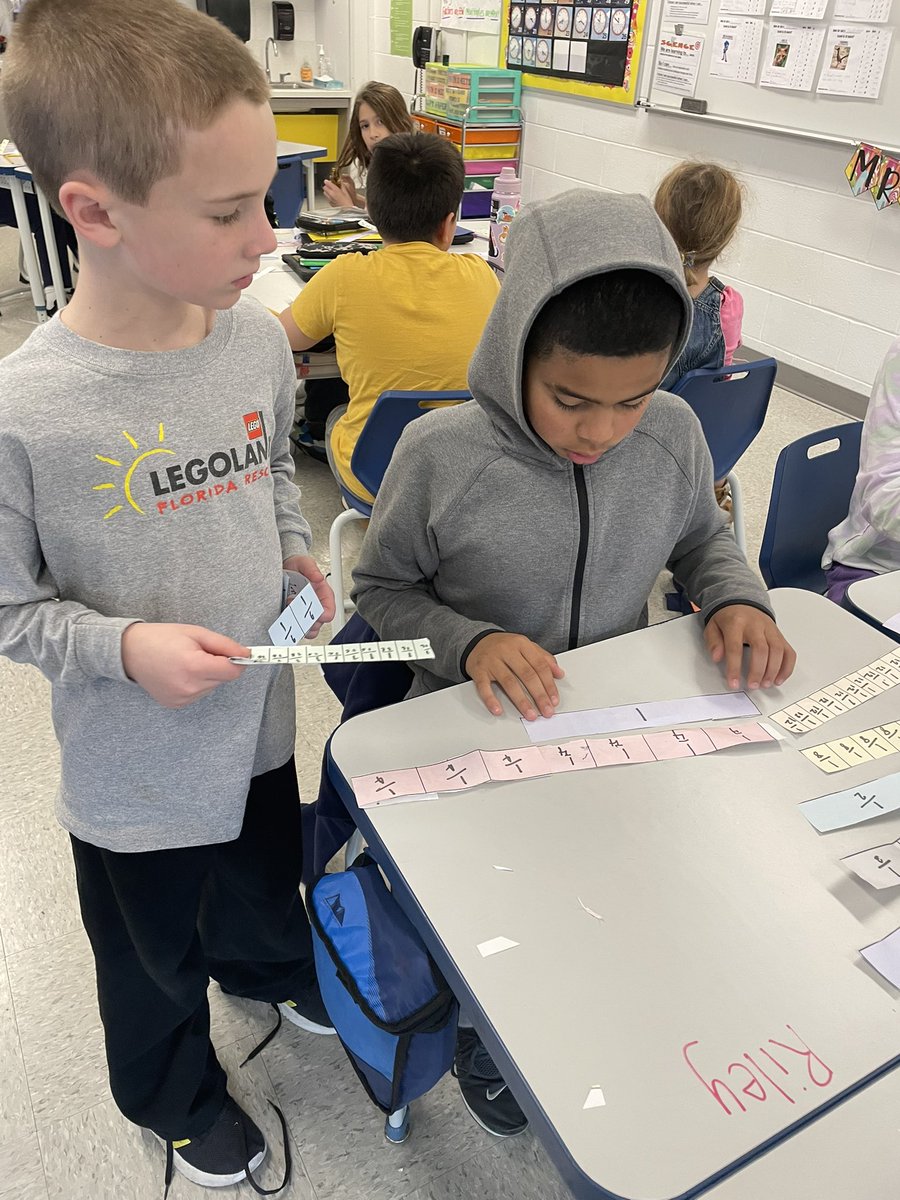 Mrs_Schrader4's tweet photo. Working with fraction strips to create equivalent fractions and turn improper fractions into mixed numbers. #bridgesmath #fourthgrademath #johnsonpride https://t.co/L7PVi6PnMq