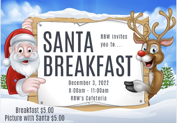 RBWTinyTigers's tweet image. Santa is coming to RBW this Saturday!!! Come join the breakfast fun from 8-11am. Breakfast is $5 and pictures with Santa will also be $5.