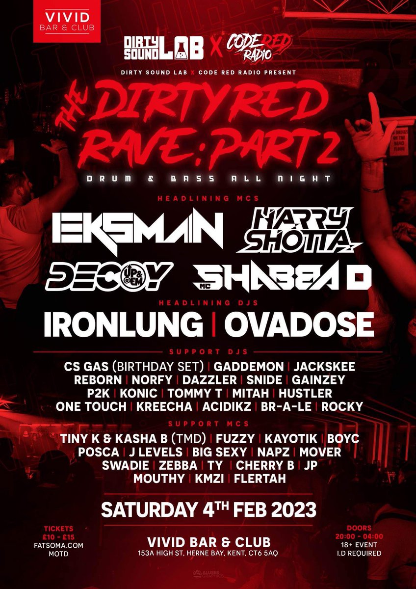 theravepagednb's tweet photo. Code Red Radio x Dirty Sound Lab Present: The Dirty Red Rave Part 2 🚨⛽️🏆 
Saturday 4th February 2023
Vivid Nightclub, Herne Bay Kent 🏖📍

For tickets head too 👉👉 https://t.co/vLBhFsX70e

#dnb #drumnbass #dnbmusic #ukrave #raving #coderedradio #dirtysoundlab https://t.co/6AhePK9Oq0
