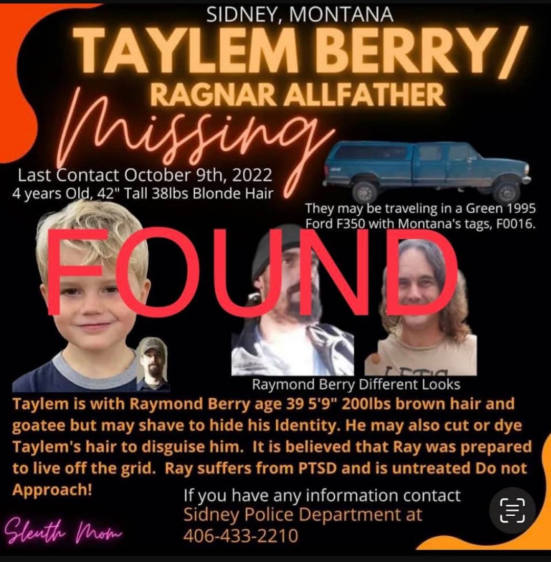 DutchGirlMB's tweet photo. #TAYLEMBERRY HAS BEEN #FOUNDSAFE! Thank you for sharing! 🙏🏼🙏🏼💙💙 Father has been arrested! Mom going to get her son! @levi_truecrime #share! @ArcticfoxTrue @Lemonadestandp1 @CrimeNJusticeYT @chasingtruth_ @CoffindafferFBI https://t.co/oUko9hmSvX