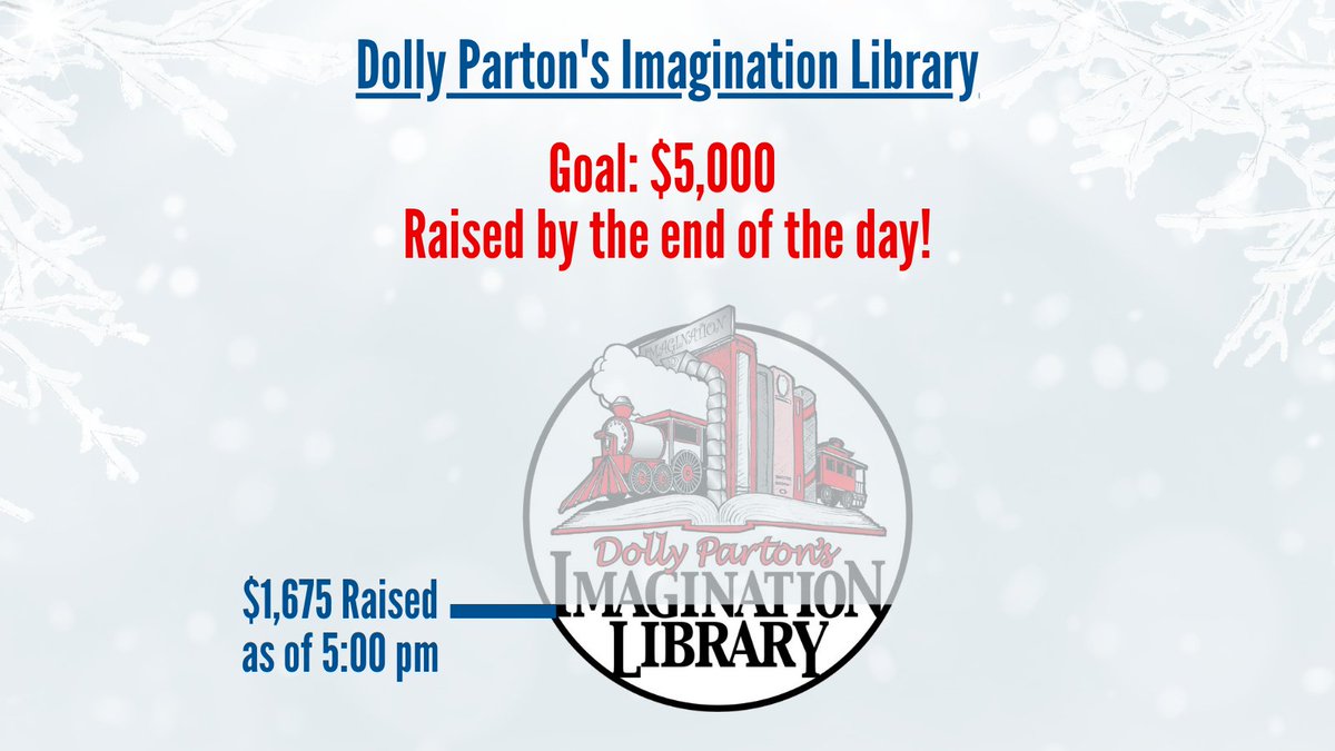 uwkawvalley's tweet photo. We're just $825 away from reaching the halfway point of today's fundraising goal for Dolly Parton's Imagination Library! Can you get us there in the next hour?! That provides six children in our community with a library of 60 books!

Donate at https://t.co/U9NVmzlhCS! https://t.co/jHHOTTNJbz