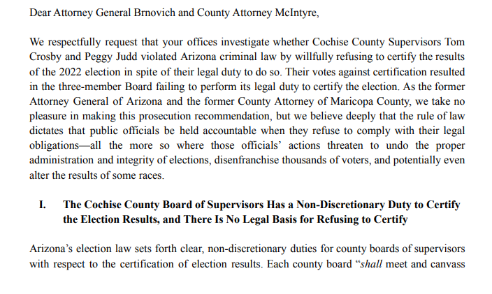 Garrett_Archer's tweet photo. Former AZAGs Terry Goddard and Rick Romley send a letter to @GeneralBrnovich and @CochiseCountyAZ attorney requesting criminal charges be filed against Cochise board members that refuse to certify the 2022 election. https://t.co/vEoWQhx7AU