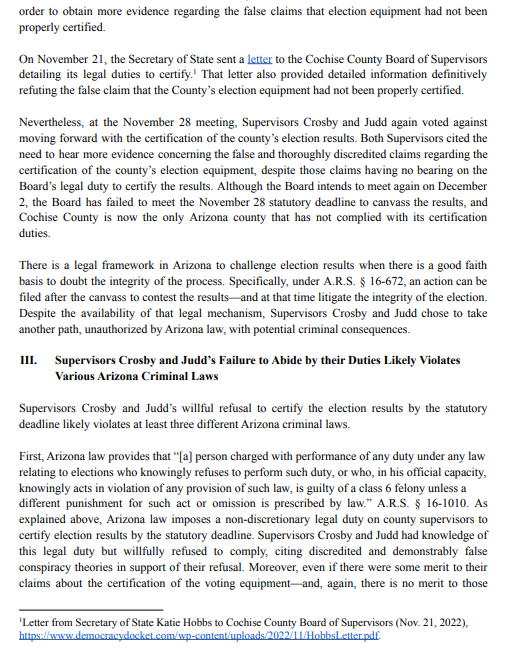 Garrett_Archer's tweet photo. Former AZAGs Terry Goddard and Rick Romley send a letter to @GeneralBrnovich and @CochiseCountyAZ attorney requesting criminal charges be filed against Cochise board members that refuse to certify the 2022 election. https://t.co/vEoWQhx7AU
