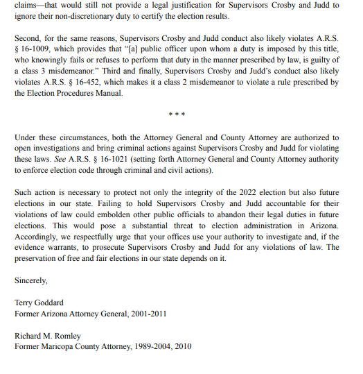 Garrett_Archer's tweet photo. Former AZAGs Terry Goddard and Rick Romley send a letter to @GeneralBrnovich and @CochiseCountyAZ attorney requesting criminal charges be filed against Cochise board members that refuse to certify the 2022 election. https://t.co/vEoWQhx7AU