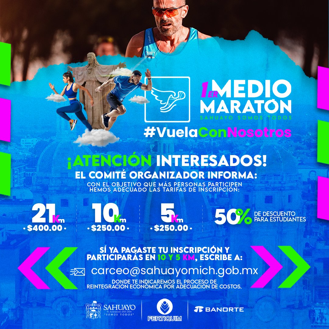 🚨 🏃‍♀️ ¡Corredores, atletas y sahuayenses en general!

El Comité Organizador del #1erMedioMaratón realizó una adecuación en los costos de inscripción para que más personas podamos sumarnos a esta actividad.

🥇¡Participa por una bolsa de premios en efectivo por 180 mil pesos!

1/2