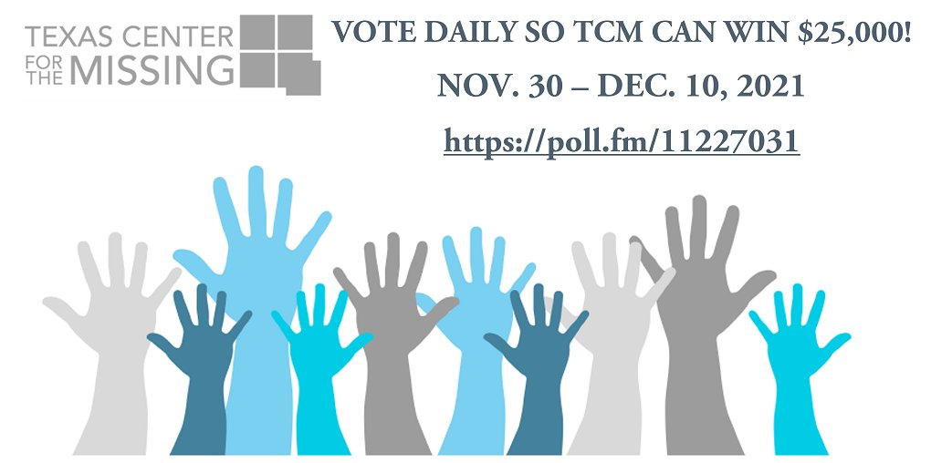 TXCenter's tweet photo. Vote for TCM to WIN $25,000 in the 2022 Chevron Houston Marathon Run for a Reason Charity Challenge. Vote DAILY until 12/9/22 to ensure TCM can help reunite families in 2023! https://t.co/NPoBv3uyZ1.
#TCMRuns #houstonnonprofit #houstonamberalert #houstonsilveralert https://t.co/h2rhoXN2vA