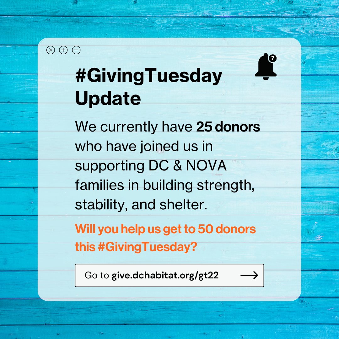 We have reached 50% of our goal to have 50 donors join us this #GivingTuesday in supporting local families in building a stronger foundation for their future. There is still time to donate! give.dchabitat.org/gt22

#givingtuesday #habitatdcnova #habitatforhumanity
