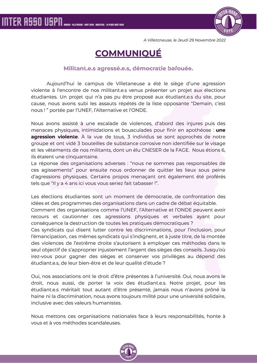 InterAsso_USPN's tweet image. 📄 • Aujourd'hui, à Villetaneuse, nos militant.e.s ont été violement agressé.e.s. Cela avec le soutien et les encouragements d'organisations étudiantes nationales. 

Vos pressions sur nos associations ne sont plus acceptables. Nous ne nous tairons plus.✊

ça : @La_FAGE