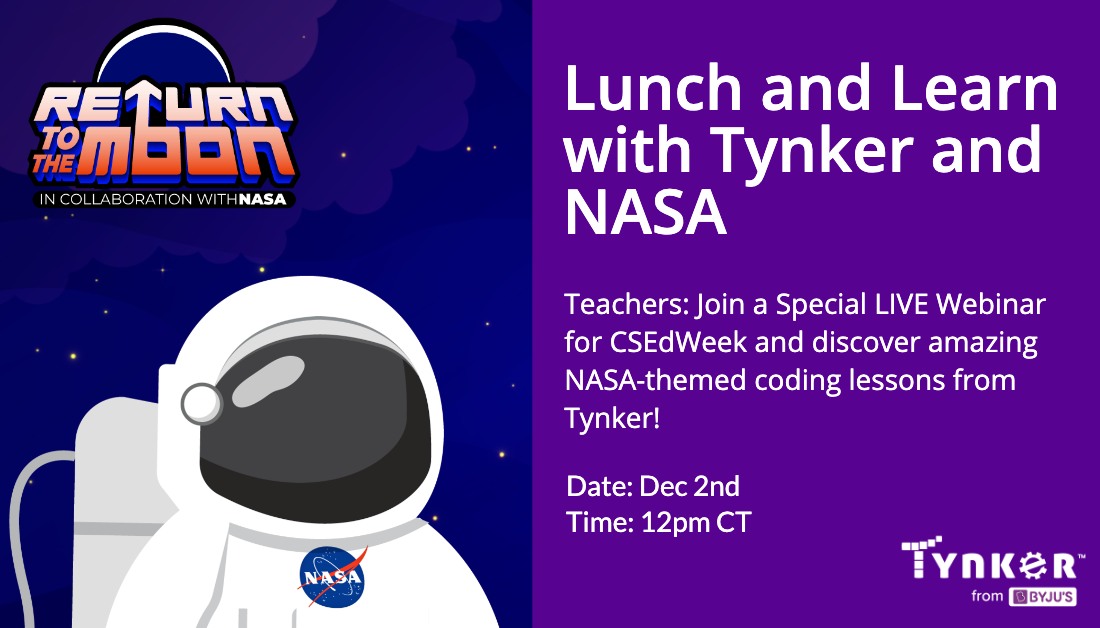 Teachers! Want to have an amazing #HourofCode? 

Lunch and Learn **this Friday** with <a href="/NASASTEM/">Broken Link</a> and Tynker! We'll get caught up on <a href="/NASAArtemis/">NASA Artemis</a> and walk you through our #HoC NASA projects! 🚀 

👩‍🚀 Register here: gotyn.kr/nasa22