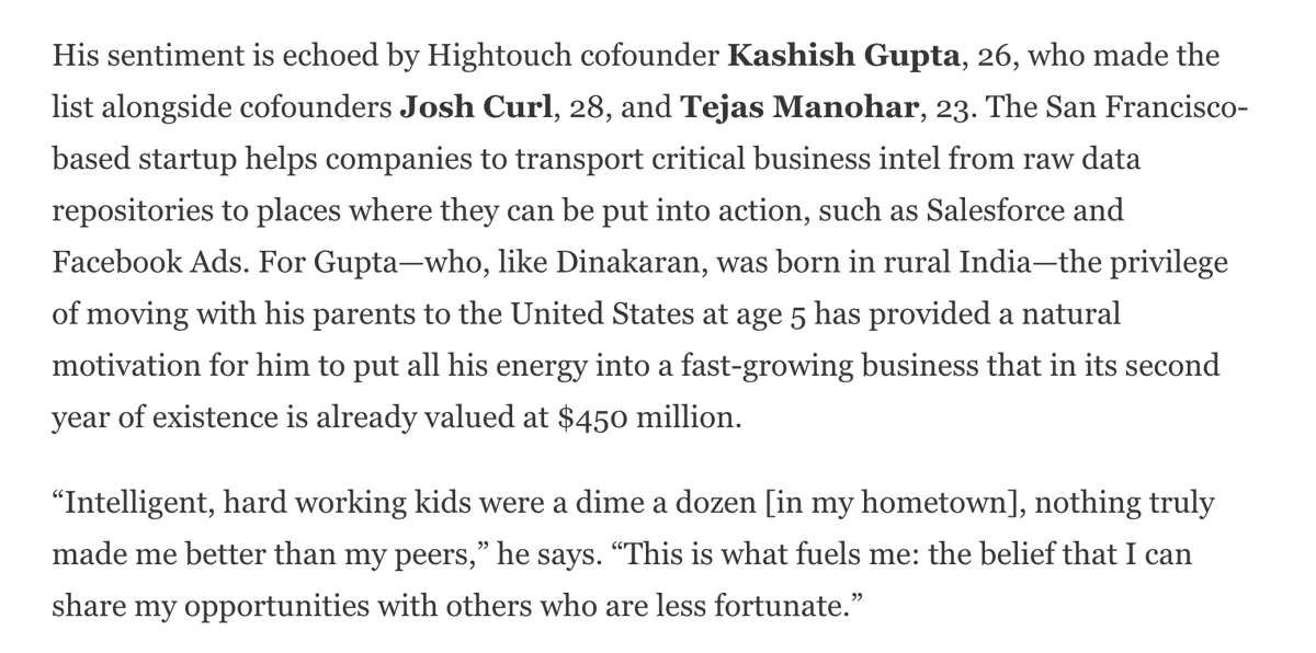 kashgupta_'s tweet photo. Today, we were selected in the 2023 @Forbes 30 Under 30 list!! 🙏🎉🥳

These awards aren't really for us. They're for the people who helped us get to where we are today. It takes a village to make an "overnight success" like @HightouchData happen, and I could not be...(contd) https://t.co/DTNFNof1gK