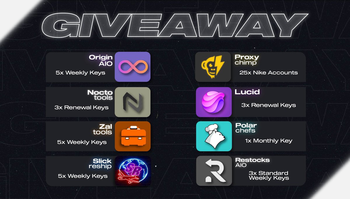 NoctoTools (@noctotools) on Twitter photo πGIVEAWAYπ
We have partnered with:
<a href="/lucidautomation/">Lucid</a>
<a href="/NoctoTools/">NoctoTools</a>
<a href="/ProxyChimp/">Proxy Chimp</a>
<a href="/polarchefs/">Polar Chefs</a>
<a href="/Origin_AIO/">OriginAIO</a>
<a href="/RestocksAIO/">RestocksAIO (In-Stock)</a>
<a href="/ZalTools/">ZalTools</a>
<a href="/SlickReship/">Slick Reship</a>
To give out free keys!
The rules are as follow:
Like β€οΈ + Retweet β»οΈ+ Follow ALL accounts πGIVEAWAYπ
We have partnered with:
<a href="/lucidautomation/">Lucid</a>
<a href="/NoctoTools/">NoctoTools</a>
<a href="/ProxyChimp/">Proxy Chimp</a>
<a href="/polarchefs/">Polar Chefs</a>
<a href="/Origin_AIO/">OriginAIO</a>
<a href="/RestocksAIO/">RestocksAIO (In-Stock)</a>
<a href="/ZalTools/">ZalTools</a>
<a href="/SlickReship/">Slick Reship</a>
To give out free keys!
The rules are as follow:
Like β€οΈ + Retweet β»οΈ+ Follow ALL accounts