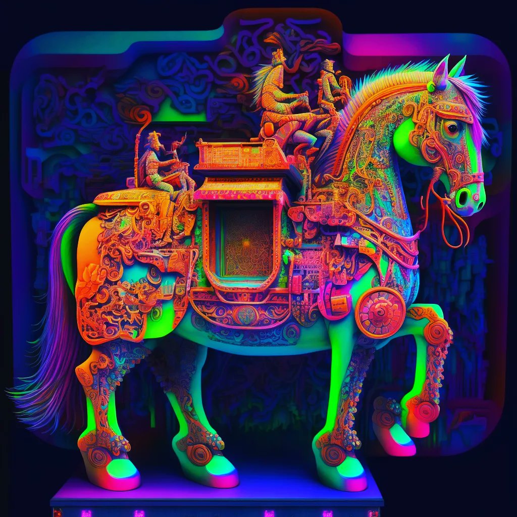 retinafunk's tweet photo. Trojan horses from the hyper space tryptamine realm, experimenting with some new own style , imagined with Midjourney V4 #horse #trojanhorse #dmt #tryptaminepalace #psychedlicart #AIart #midjourneyV4 #visionaryart #dmtart #neon #hypermaximalism #midjourneyV4 #midtrip #midjourney https://t.co/FaLpQT4cRY