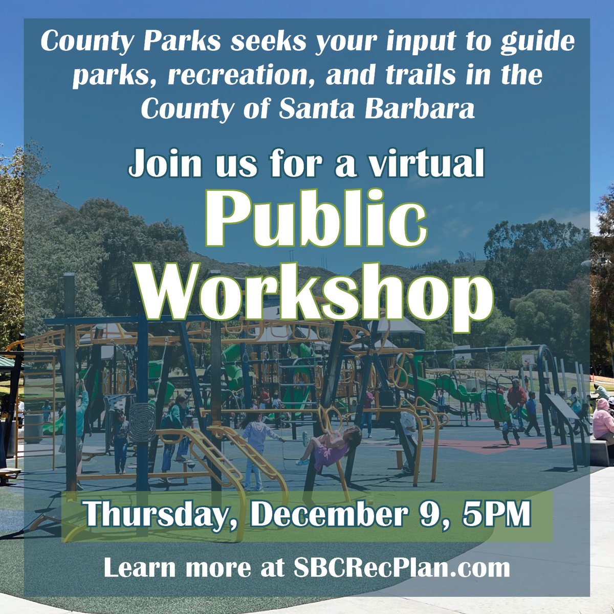 sbcrecplan's tweet photo. Join the County for a virtual public workshop next Thursday, December 8th at 5pm! We will be discussing potential policy amendments to promote development of parks, trails, and recreational facilities in support of the Master Plan. Please spread the word! https://t.co/yX8pvdDGk5