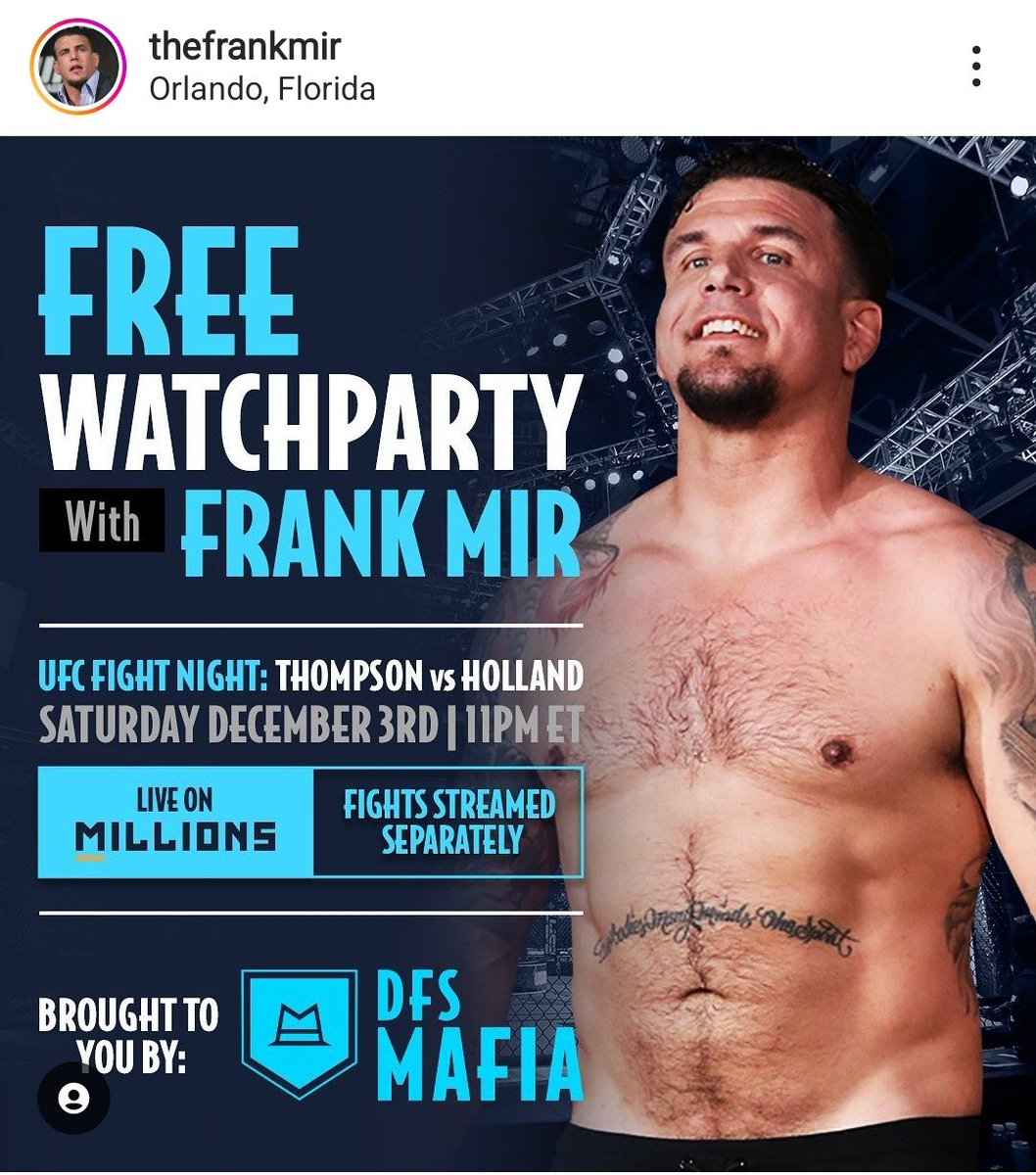 DFSMAFIA99's tweet photo. FREE $DFSM WatchParty with @thefrankmir for UFC FIGHT NIGHT: THOMPSON VS. HOLLAND this Saturday, December 3 at 11PM ET

Let's gooooo! 

https://t.co/bjDl6SLFou https://t.co/ZqROru9vF5