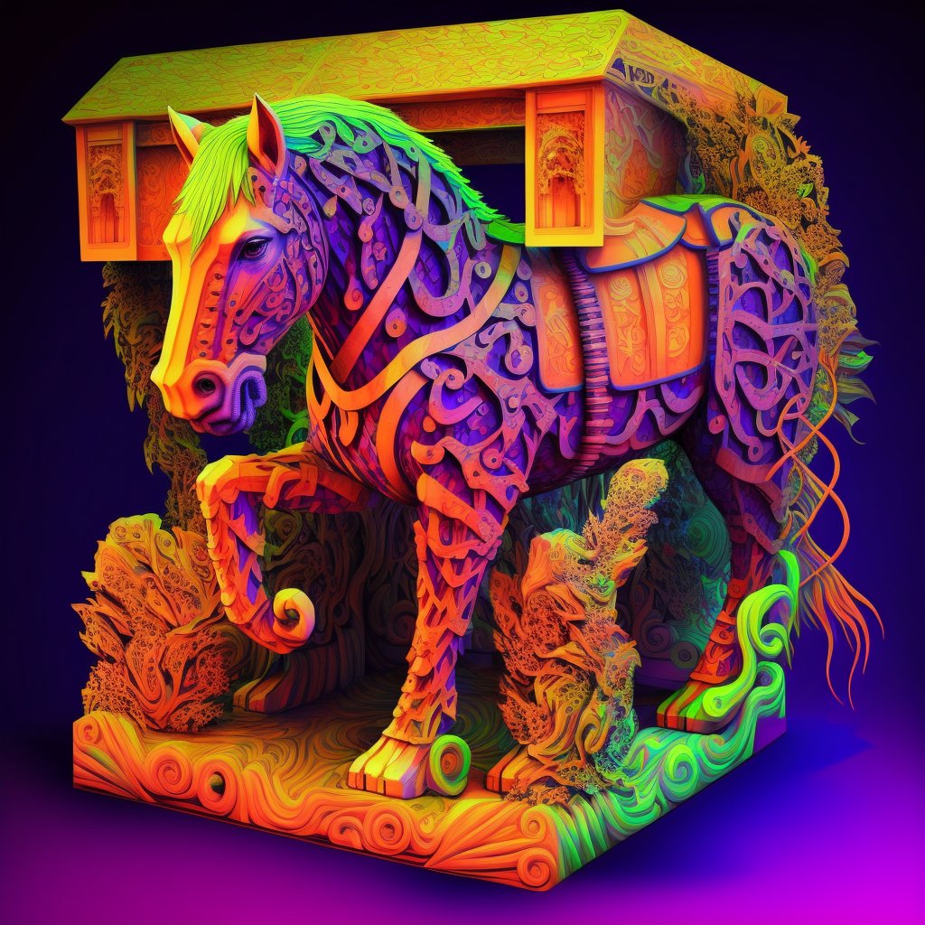retinafunk's tweet photo. Trojan horses from the hyper space tryptamine realm, experimenting with some new own style , imagined with Midjourney V4 #horse #trojanhorse #dmt #tryptaminepalace #psychedlicart #AIart #midjourneyV4 #visionaryart #dmtart #neon #hypermaximalism #midjourneyV4 #midtrip #midjourney https://t.co/9XyadSQz06