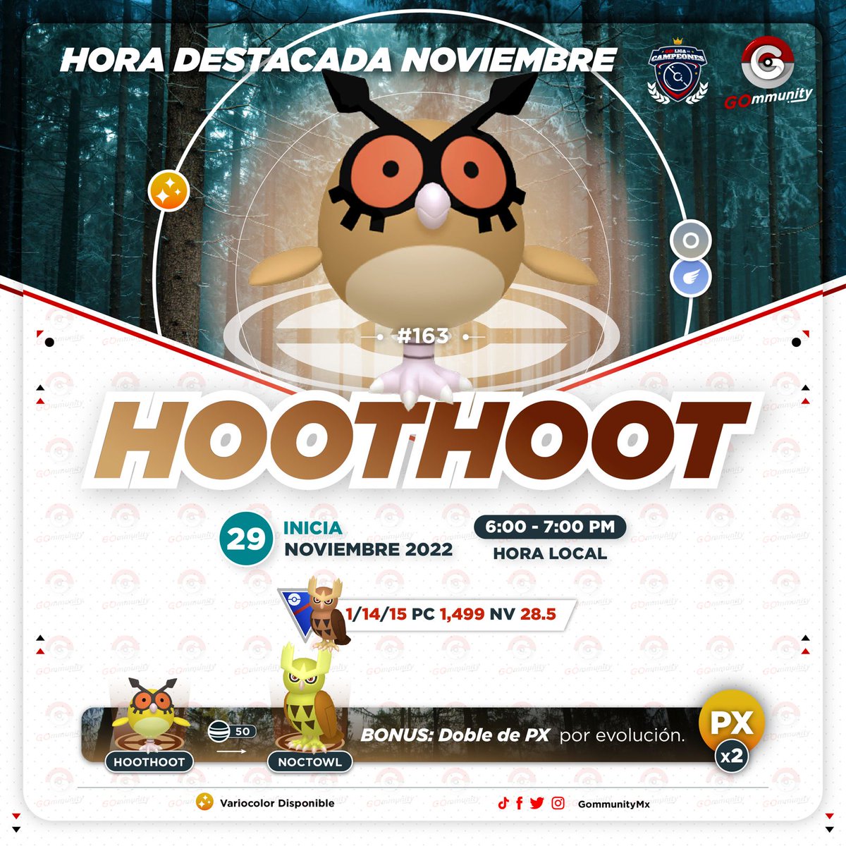 pogoldc's tweet photo. ¡Hoy tenemos hora destacada! De 6 a 7 PM hora local, Hoothoot aparecerá con más frecuencia, si tienes suerte podrás encontrar su versión Shiny ✨. Aprovecha el bono de doble experiencia por evolución y sube de nivel 🥚 https://t.co/HB6xrKkwOC