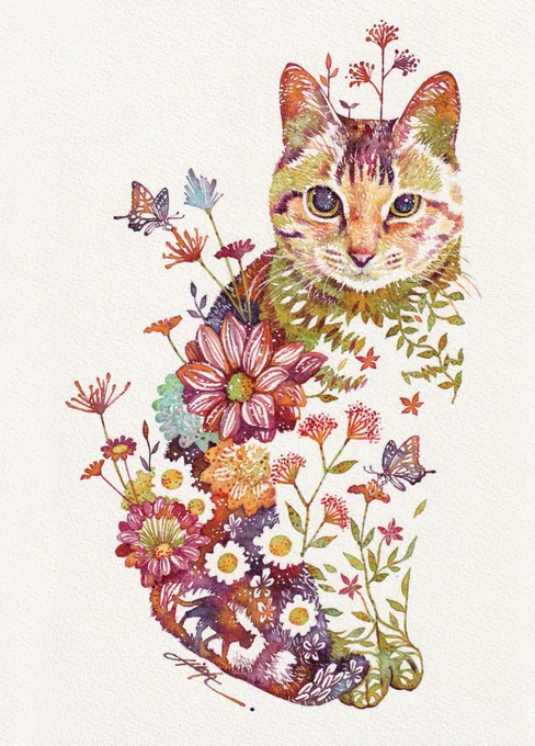 透明水彩#ねこのいる暮らし #ねこ #ネコ #猫#猫好きさんと繫がりたい #猫の居る暮らし #花 #水彩 #カラフル#かわいい 