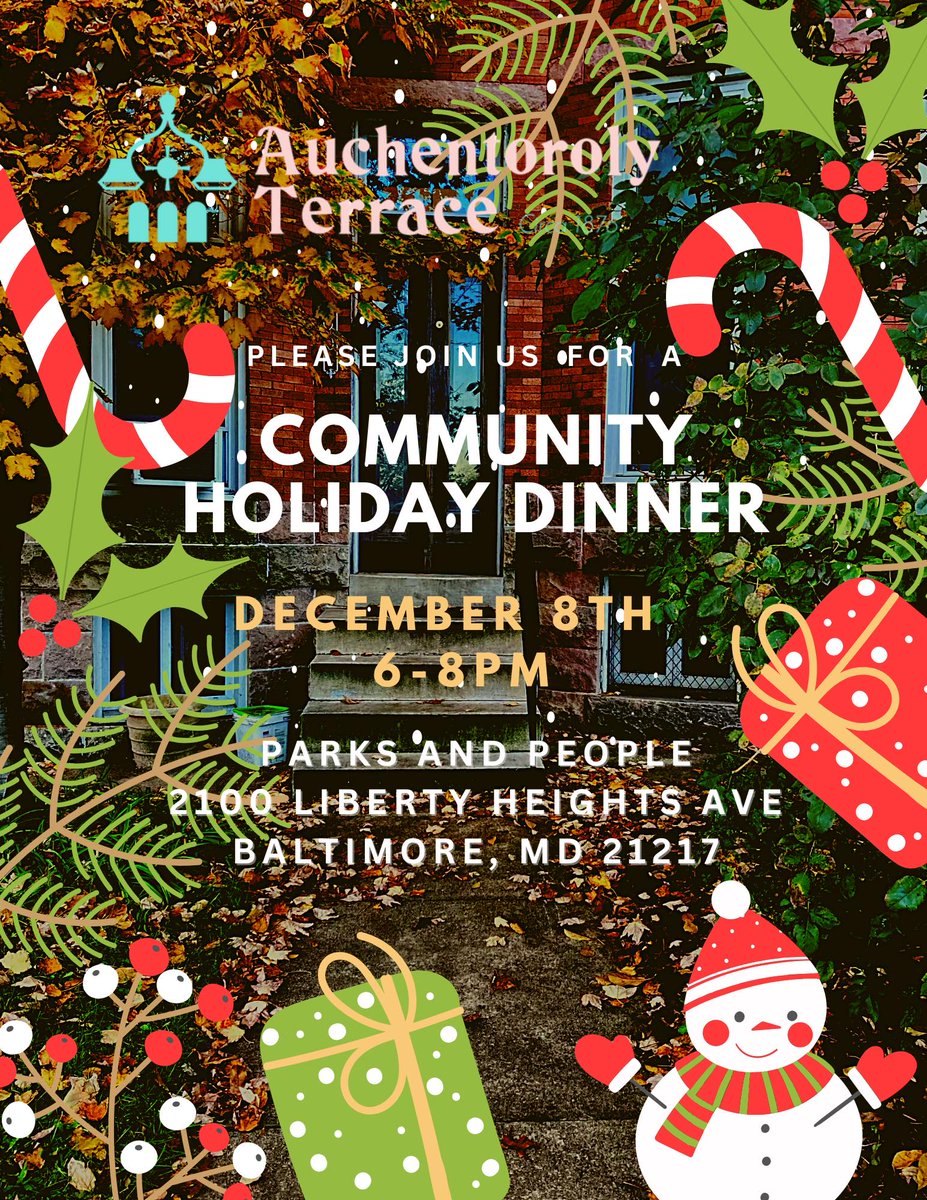 Join ATA for our Community Holiday Dinner on December 8th, 6-8pm, at Parks &amp; People! This dinner will be potluck style. Visit auchentorolyterrace.org for more info and to sign up. #auchentorolyterrace