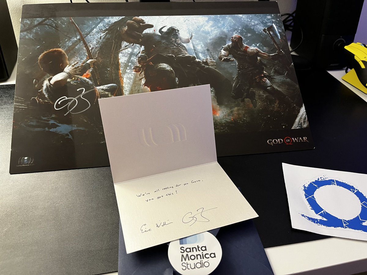 GenePark's tweet photo. I’ve come home to this thoughtful gift from @corybarlog, Eric Williams and @SonySantaMonica. I am so full of gladness. Mahalo to you all. 

I am so touched by the warmth I’ve received across the games industry. https://t.co/g6IyOWaBiD