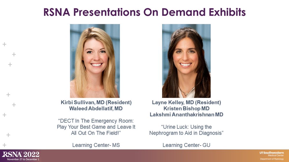 UTSW_Radiology's tweet photo. Make time to see the On Demand Exhibits featuring our UTSW faculty, residents, and fellows.
Residents, Dr. Kirbi Sullivan and Dr. Layne Kelley have exhibits in the Learning Centers!
@KirbiSullivan 
 @EmergRad 
#RSNA2022 #RSNA22 
@UTSW_RadRes https://t.co/GEkYwtRQHl