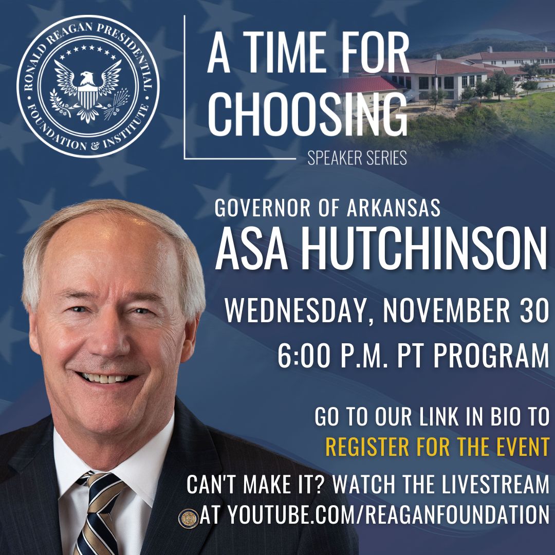Gov. Asa Hutchinson (@asahutchinson) on Twitter photo I’m excited to be at the <a href="/RonaldReagan/">Ronald Reagan Presidential Foundation & Institute</a> Library tomorrow for their A Time for Choosing Speaker Series. Tune in at 8 pm CT tomorrow for our discussion about the future of our nation and the Republican Party. youtu.be/mF7v3CtZ3iw I’m excited to be at the <a href="/RonaldReagan/">Ronald Reagan Presidential Foundation & Institute</a> Library tomorrow for their A Time for Choosing Speaker Series. Tune in at 8 pm CT tomorrow for our discussion about the future of our nation and the Republican Party. youtu.be/mF7v3CtZ3iw