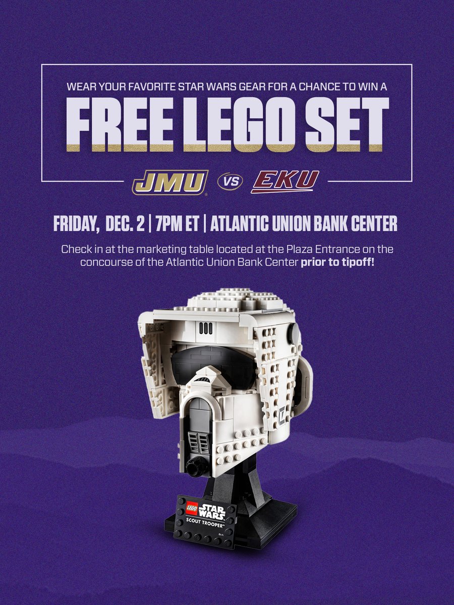 JMUMBasketball's tweet photo. Do or do not. There is no try. 👀

Make sure you're in the house for STAR WARS night on Friday!

✅ Poster Giveaway
✅ LEGO Set
✅ Silent Auction
✅ Tip at 7pm

Get your tickets NOW ⬇️

🎟️ | https://t.co/4tYRVs4Ags

#GoDukes https://t.co/iP4YeNGcoa