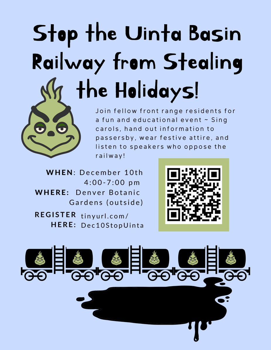 cawfrontrange's tweet photo. Stop the Uinta Basin Railway from Stealing the Holidays!

December 10th, 4-7pm
Outside the Denver Botanic Gardens
https://t.co/jy9Kkc72ux
#StopUintaBasinRailway https://t.co/GOhrVEBw3C