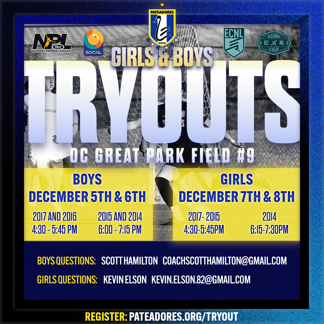 IRVINE: Boys and Girls tryouts start next week for players born 2014, 2015, 2016, and 2017. Register today to join us at OC Great Park!
#patslife #pateadores #pateadoressc #patsirvine