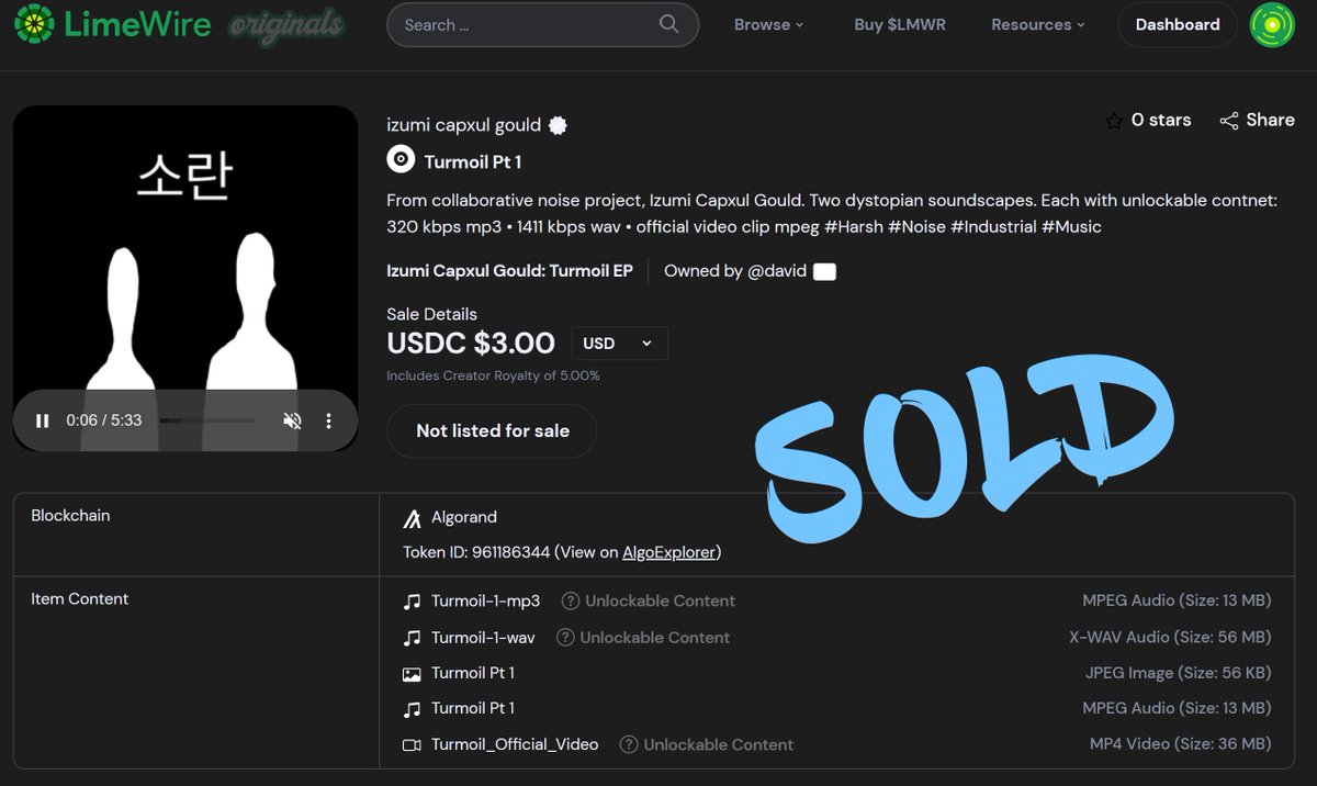 icgnoise's tweet photo. @izumi_gould Unlockable 1411 kbps WAV file + mp4 video
exclusive via @limewire #NFT #algorand #web3 #limewireisback #MusicNFTs #noise #industrial #music
https://t.co/PfDscfxDdV
Turmoil Pt 1: Sold!
Turmoil Pt 2: Live Auction ending December https://t.co/CO5LCuah9N