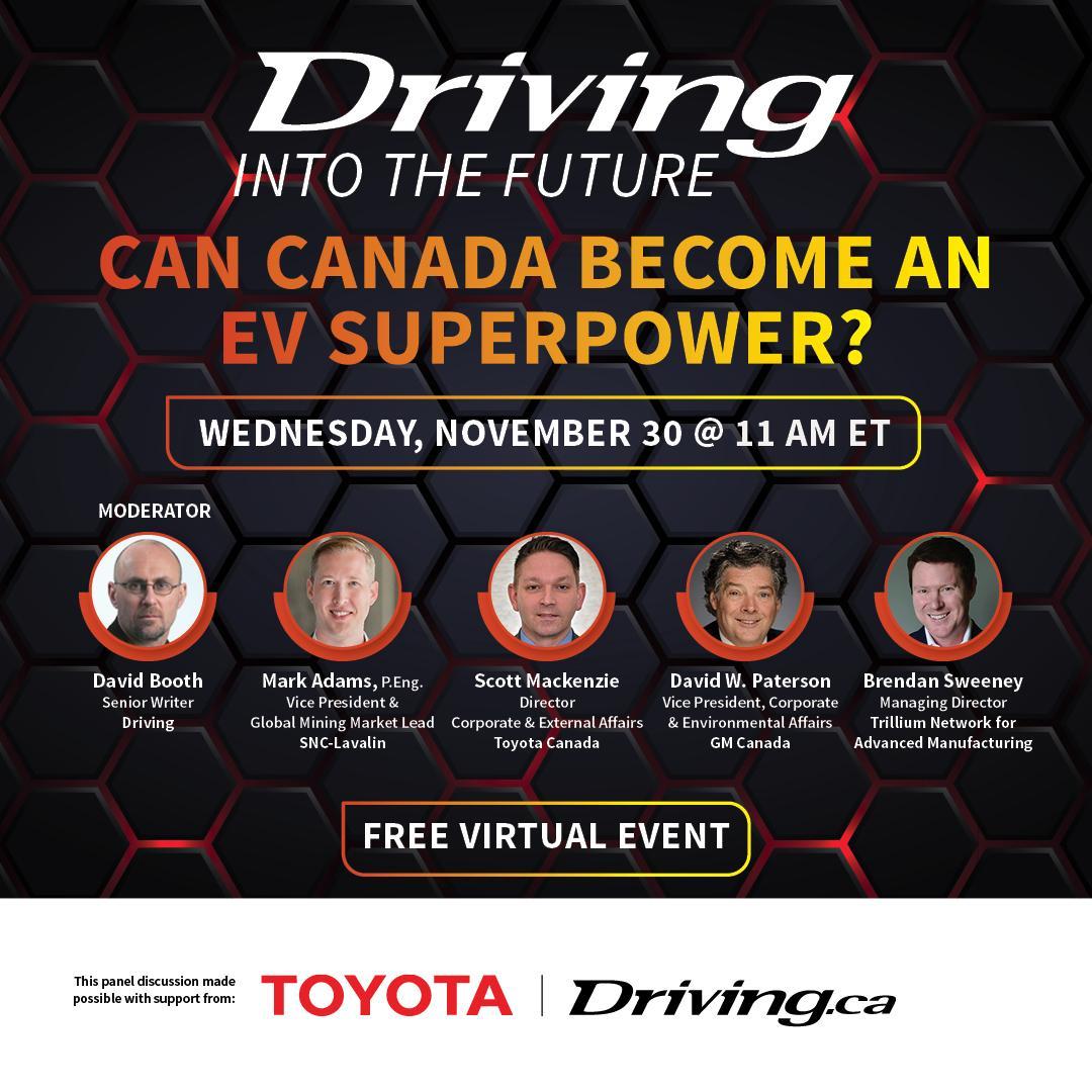 drivingdotca's tweet photo. Does Canada have the technology &amp; expertise to build a thriving battery manufacturing industry? 

Join us tomorrow to find out on #DrivingintotheFuture

moderated by @MotorMouthNP with special guest Hon. @VictorFedeli

https://t.co/Z4q6CgVZVQ https://t.co/aNPljltk2X